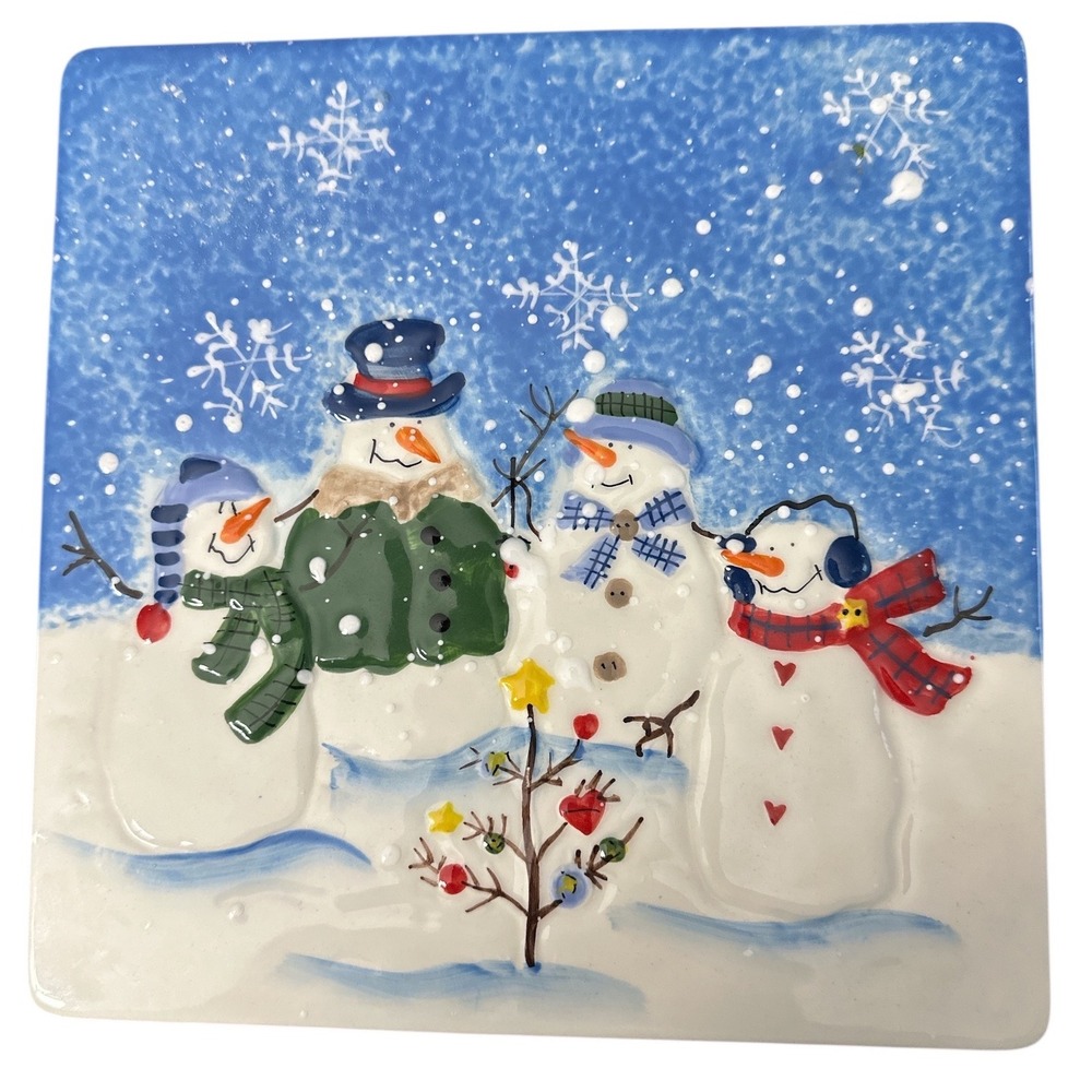 Sonoma‎ “Button Up” Ceramic Square Trivet/Wall Hanging Snowman Family Holiday